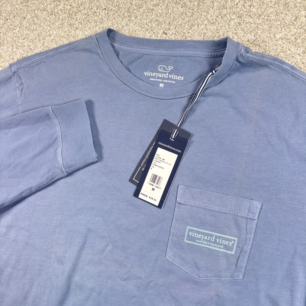 NEW Vineyard Vines LS Graphic Pkt Tee Mens M Summer Evening Blue Logo Box